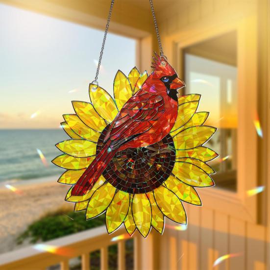 Roter Vogel Sonnenblume Acryl Dekoration Innen Außen Garten Hof Fenster Wandbehang Buntglas Effekt Sonnenfänger Vogel Hängeornament Schild