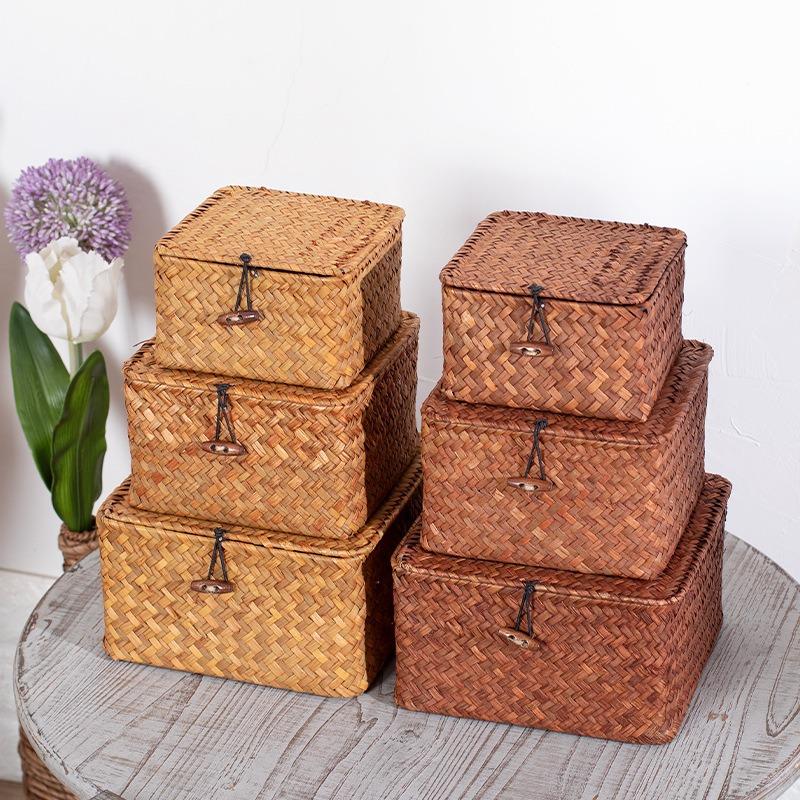 Handmade Wicker Woven Storage Box Rattan Storage Finishing Basket with Lid Sundry Bath Cosmetic Towel Container Laundry Basket