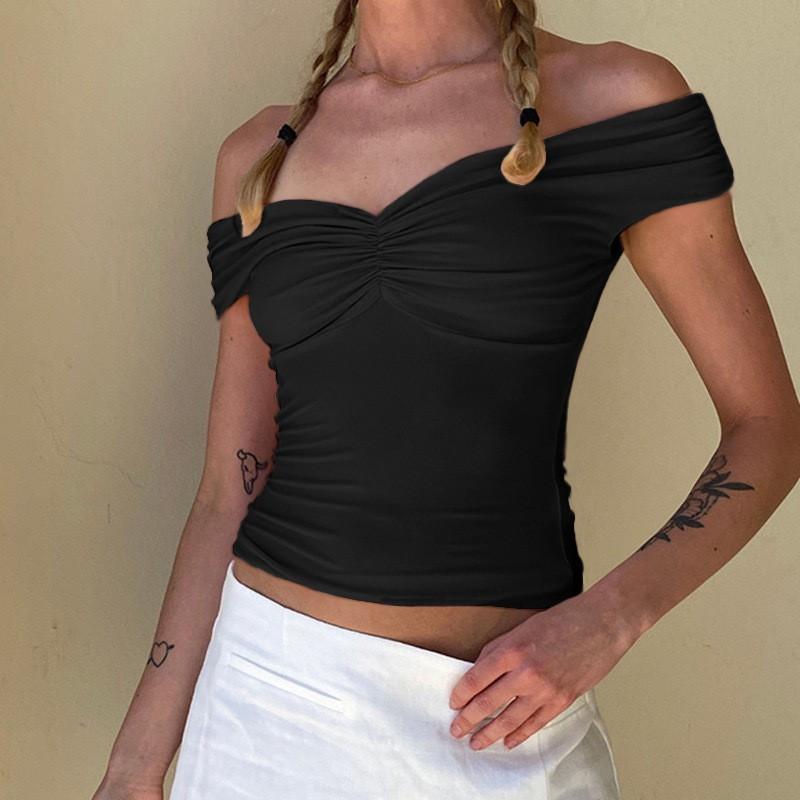 Women s Clothing 2026 Spring/Summer New One-Shoulder Ruched Front Sexy Top Off-Shoulder Pure Desire Hot Girl Tank Top XS чёрный