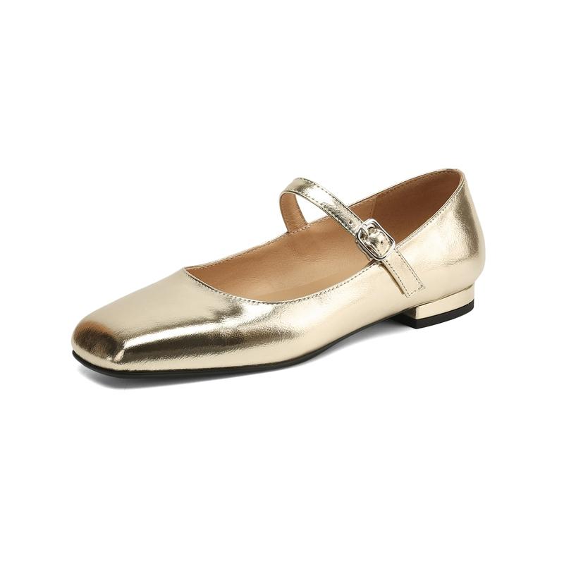 Fashion Women's New Spring and Summer Genuine Leather Cowhide Elastic Belt Buckle Low Heel Plus Size Square Toe Mary Jane Single Shoes