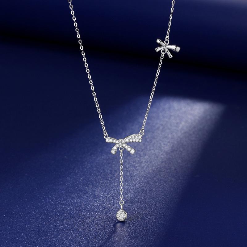 Elegant S925 Sterling Silver Bow Tassel Necklace: Luxury Clavicle Chain for Women with a Chic, Sophisticated Touch.