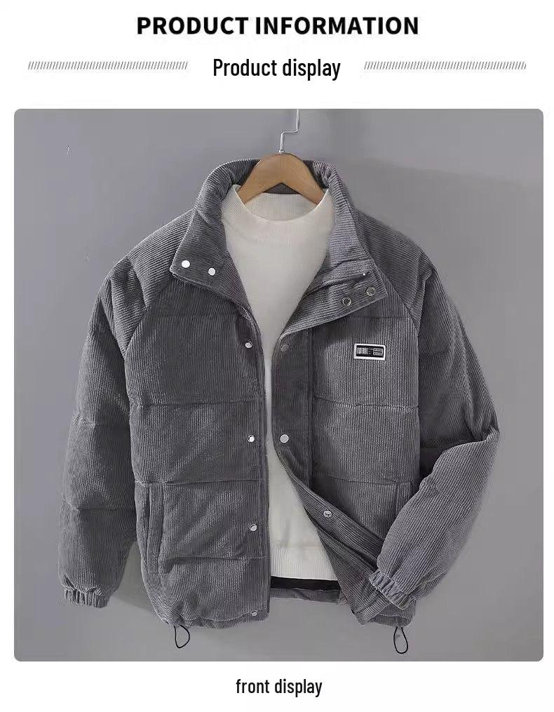 Men's Solid Color Retro Corduroy Down Jacket - Stand-up Collar Warm Cotton-padded Outerwear