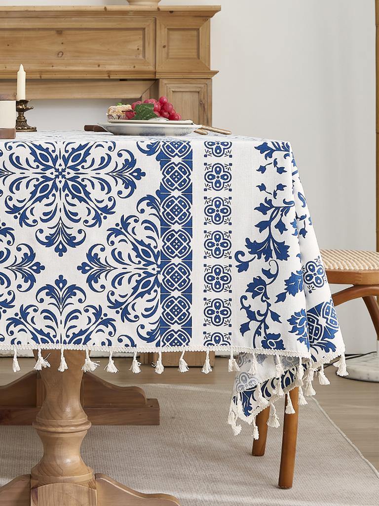 blue flower cotton linen texture tablecloth suitable for living room, coffee table, dining table fabric