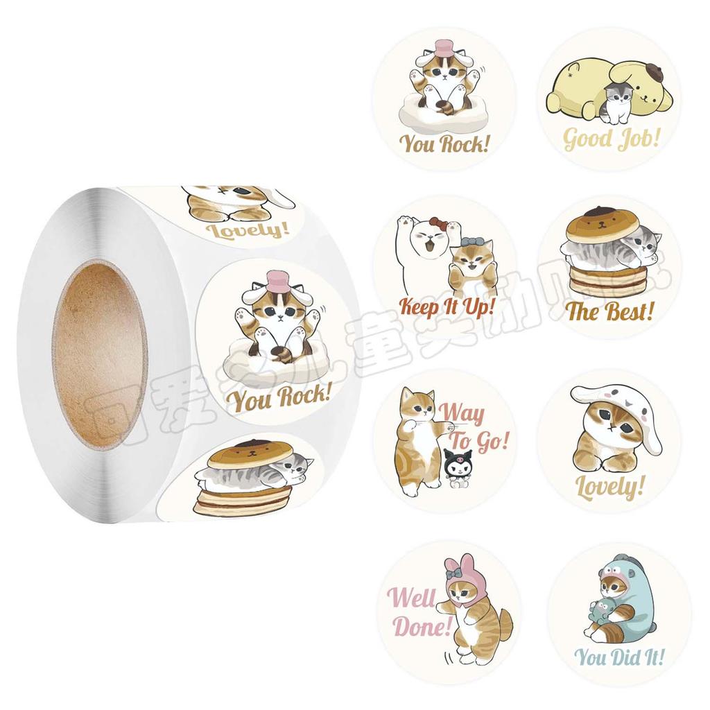 500 Cartoon Shark Cat Stickers, Round Self-Adhesive Labels On Roll