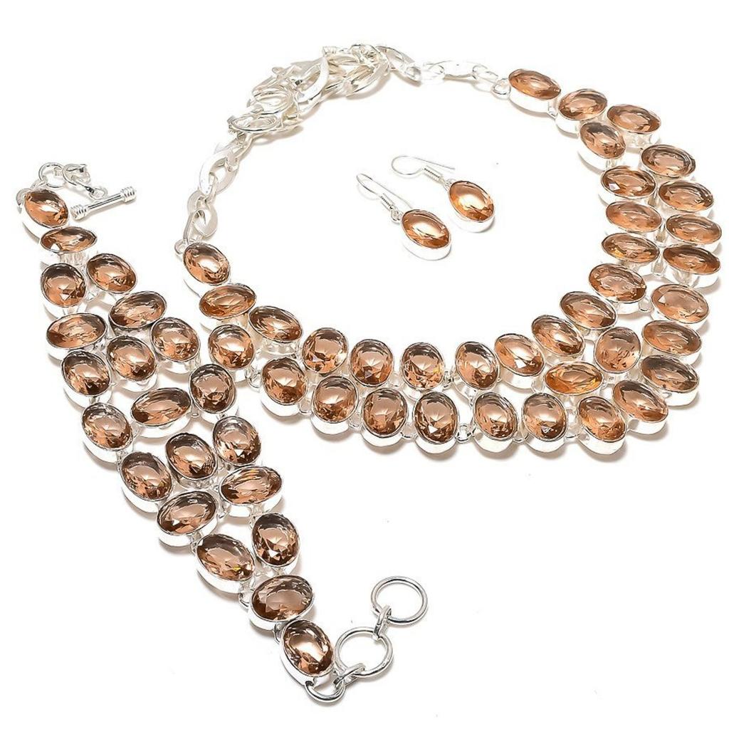 Morganite Oval Shape Gemstone Jewelry Set Handmade Necklace Bracelet Earrings