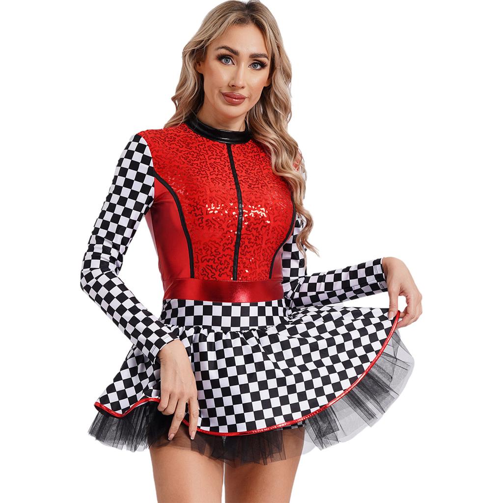 Damen Rennfahrerin Kostüm Schachbrettmuster Langarm Pailletten A-Linie Tüllrock Shorts Fahrerkleid
