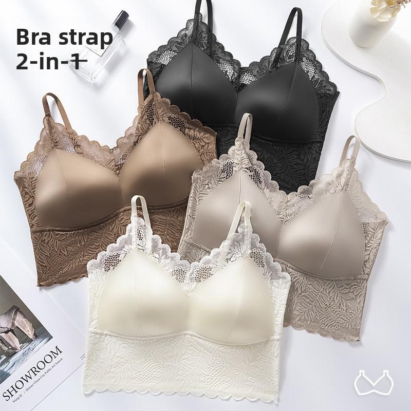 French Lace Satin Camisole Bra, Sexy Deep V Push Up Fixed Cup Bandeau Backless Integrated Lingerie for Women