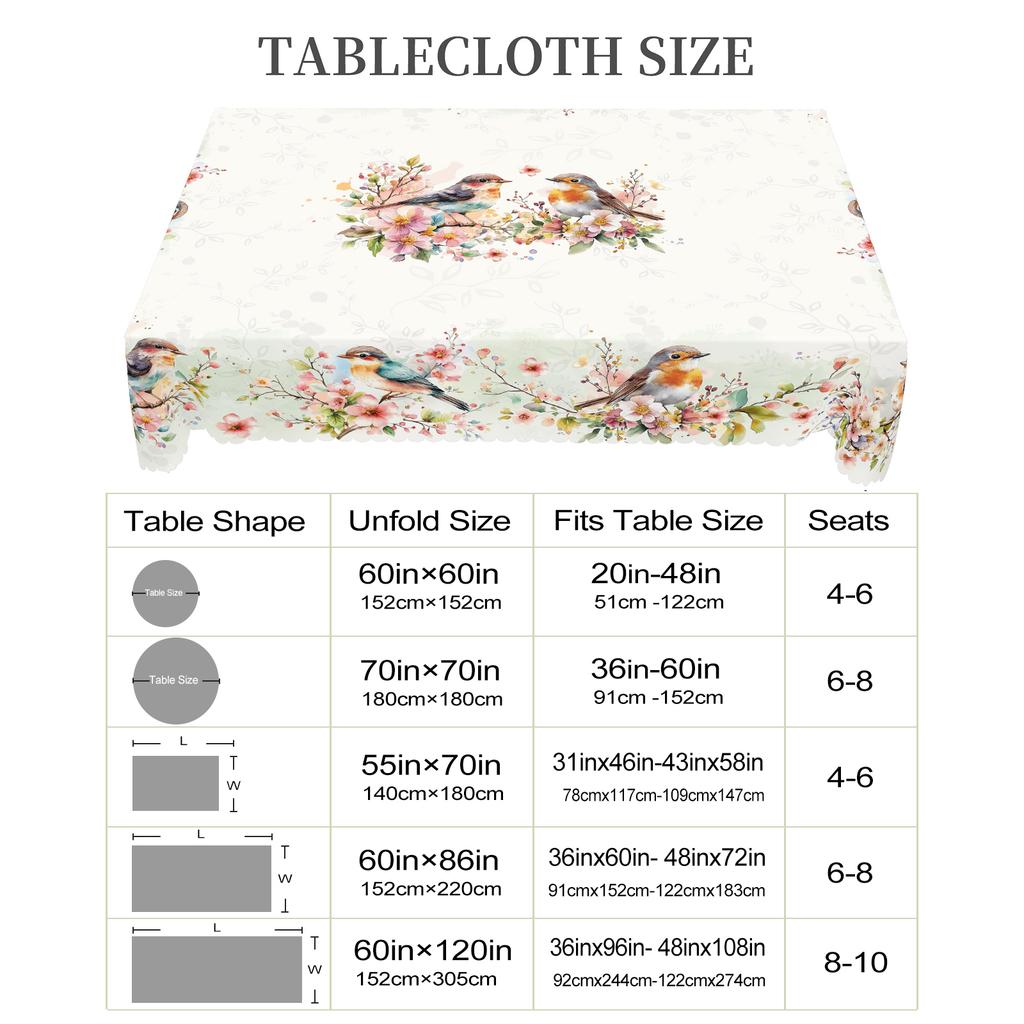 1 Piece Of Spring Flower And Bird Round And Rectangular Tablecloths, Various Sizes Available, Spring Flower And Bird Pattern Printed Decorative Tablec