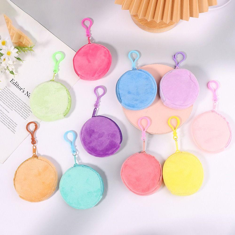 1Pcs Kawaii ID Card Bag Round Coin Purse Pure Color Keychain Coin Bag Plush Thin Short Cute Wallet for Women