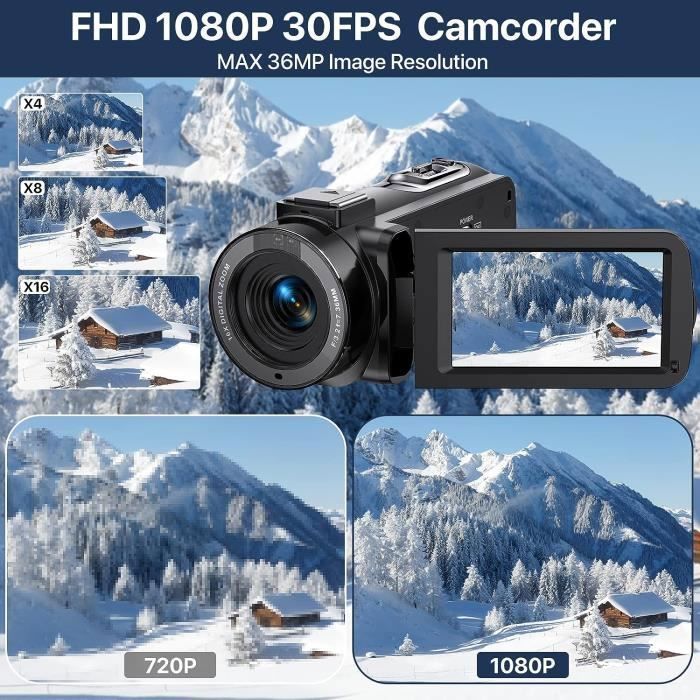 3.0'' Camcorder FHD 1080P Video 36MP 30FPS Youtube Vlogging Camera Night Vision IR 16X Digital Zoom 270° IPS Rotating Screen