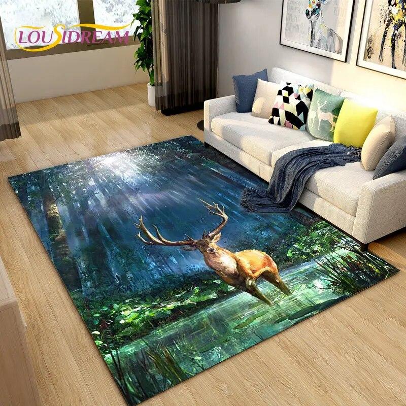 3D Cartoon Nordic Elk Reindeer Area Rug,Carpet Rug for Living Room Bedroom Sofa Doormat Decoration,Child Play Non-slip Floor Mat