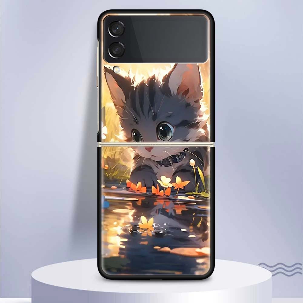 Cartoon Cute Cat Fish Aesthetic For Samsung Galaxy Z Flip 5 4 3 5G Phone Case Black Hard Cover ZFlip 5 4 3 Luxury Shockproof Bum