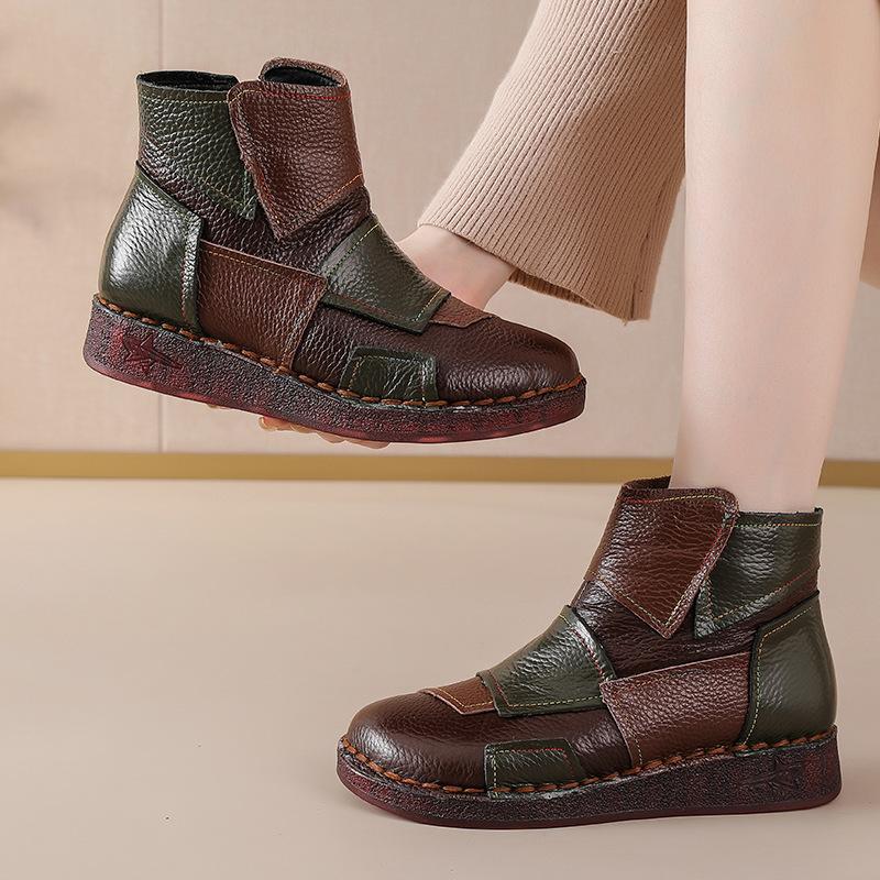 Johnature Mixed Colors Genuine Leather Women's Short Boots Ethnic Style Warm Comfortable Flat Cotton Shoes
