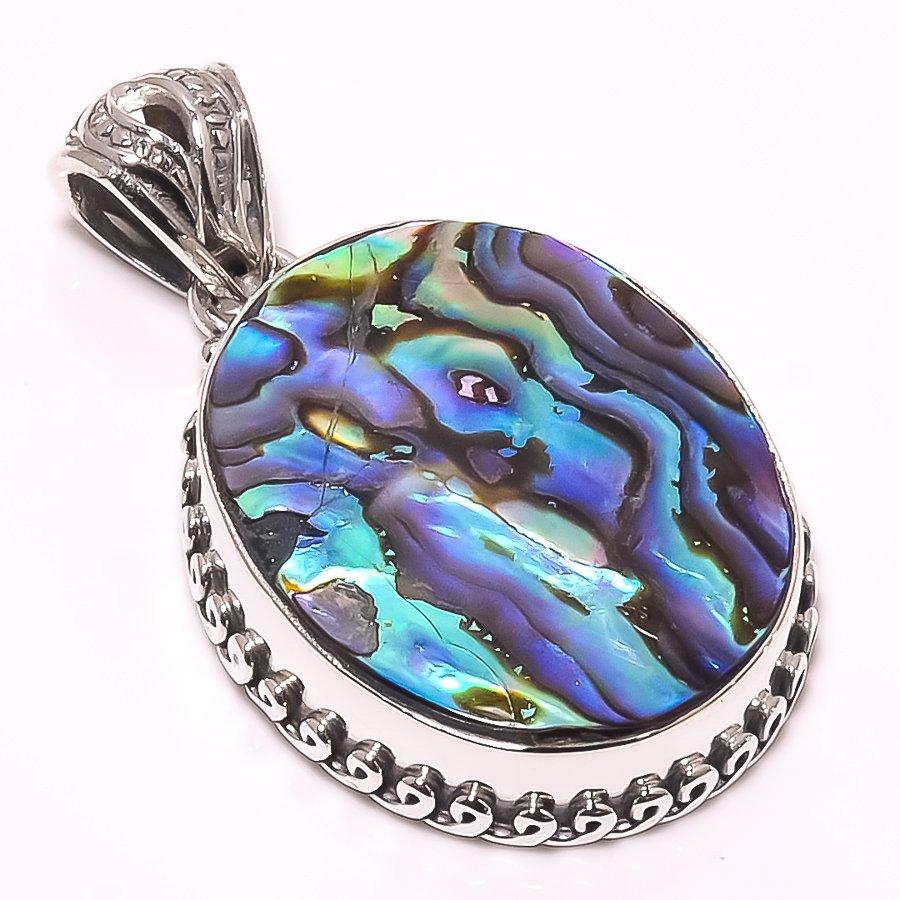 Pierre Précieuse Coquille d'Abalone Naturelle Argent Massif Sterling 925 Pendentif Cadeau 1.58" P7p78