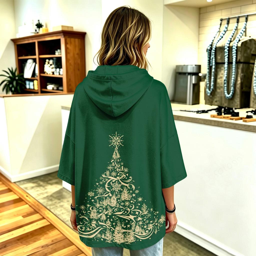 Women's Christmas Print Hooded Pullover Top with Three-Quarter Sleeves