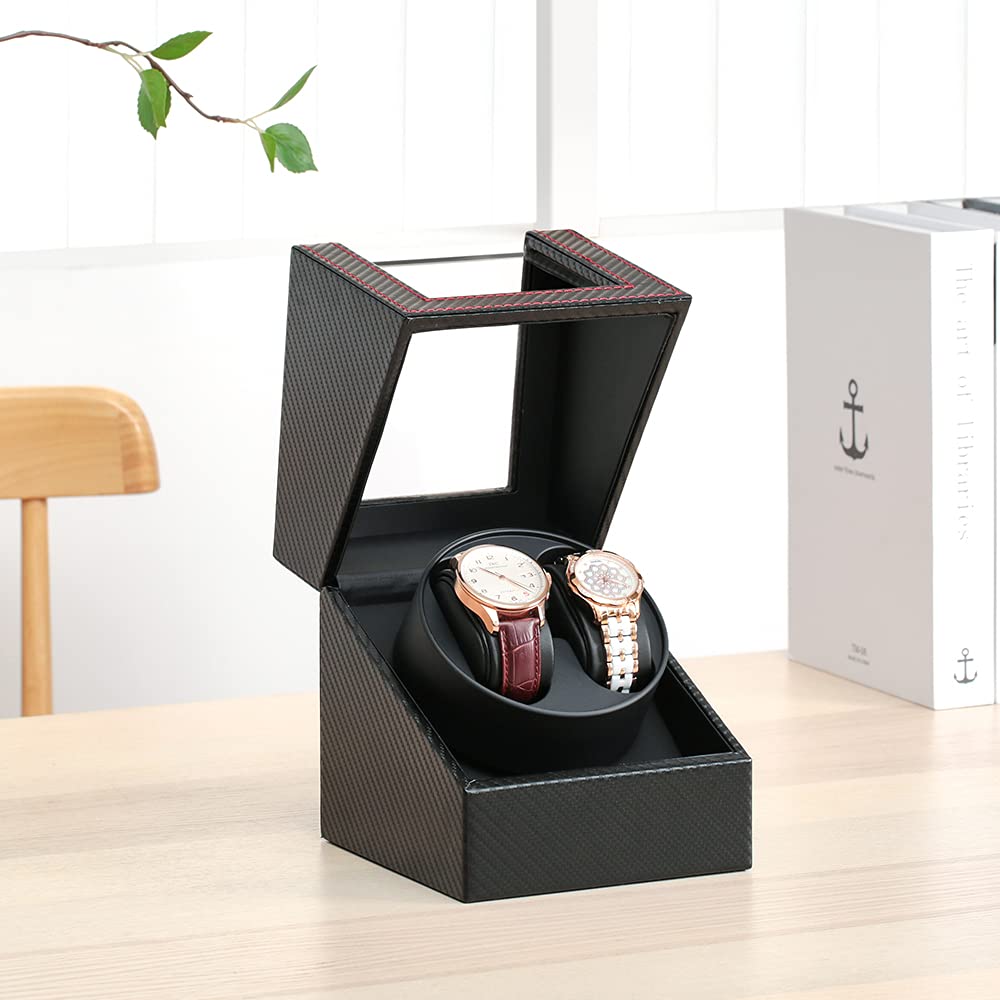 Automatic Watch Made in Mabuchi with Storage Holds Two Watches Fiber Leather Winder, Japan, Motor, Case, (Carbon 135T)