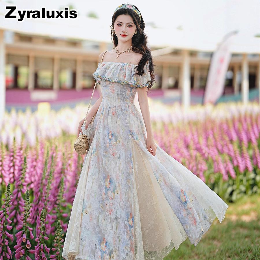 French Fairy Lace Mesh Halter Dress Vacation Maxi Skirt Floral Sundress