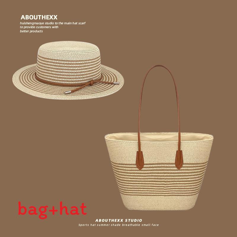 

Summer Handmade Woven Straw Hat And Tote Bag Set With Sun Protection For Casual Women Beige