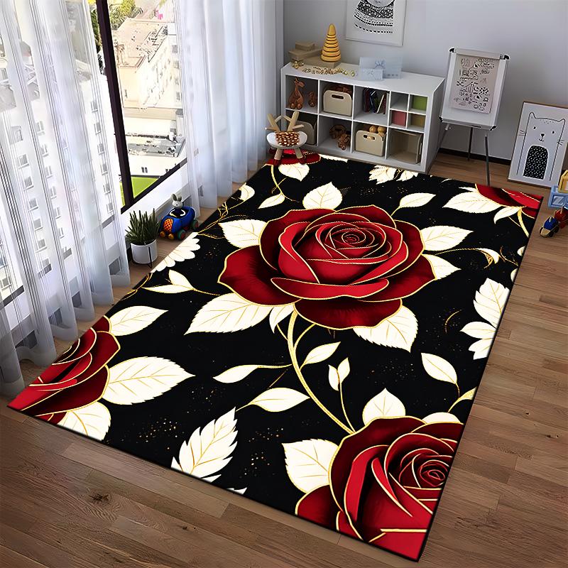 Large Red Roses Pattern Carpet with Black Background and Gold Accents Suitable for use as an anti-slip for living room bedroom sofas