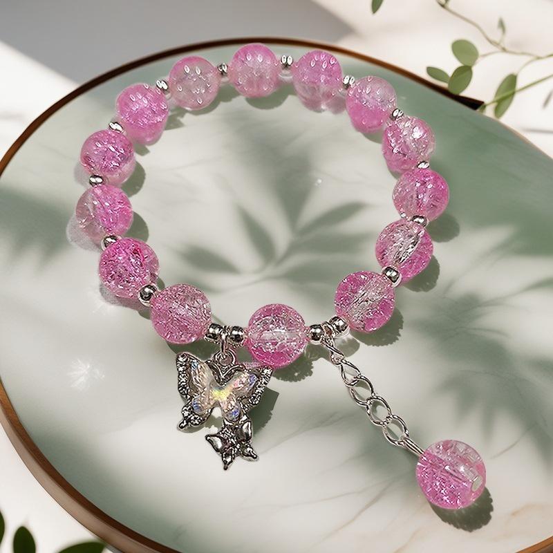 Braccialetto in Vetro Fiore Esplosione Fantasy da 10 mm: Ciondolo Farfalla Colore Degradé Design di Nicchia per Donne e Migliori Amiche.
