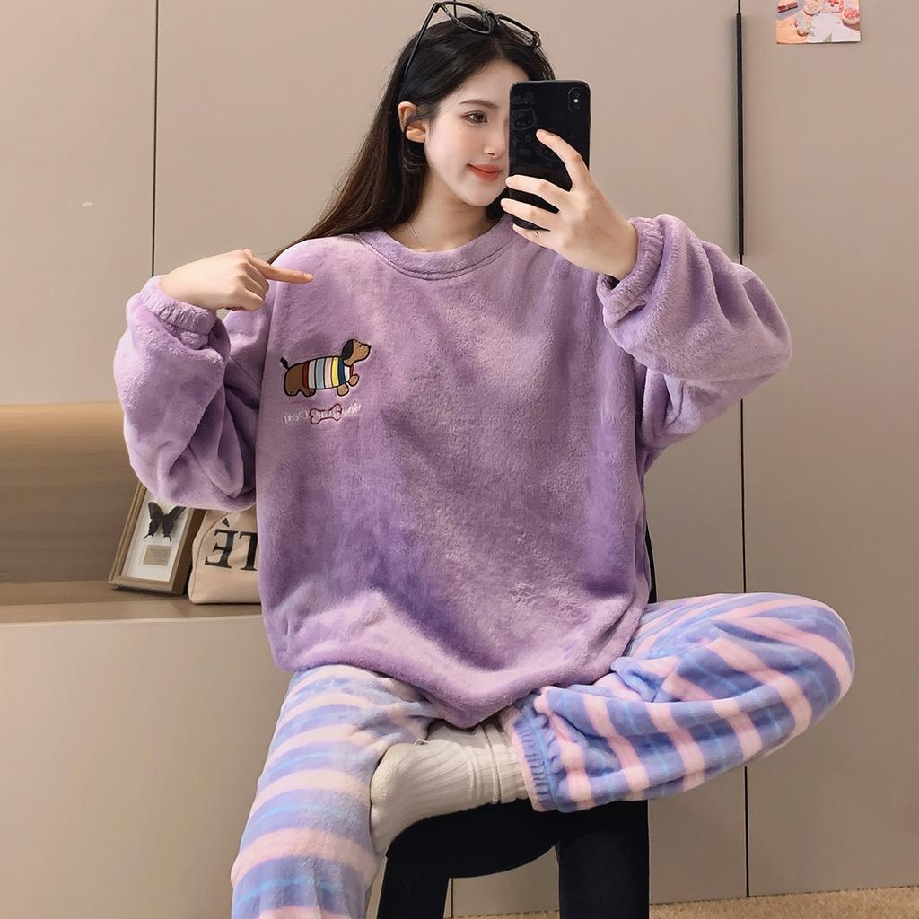 Autumn Winter Warm Flannel Women Pyjamas Sets Thicken Coral Velvet Long Sleeve Cute Cartoon Sleepwear Women's Flannel Pajamas Set for Youth Girl