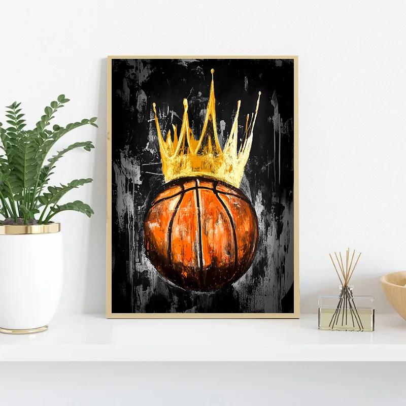 Piłka nożna Koszykówka Baseball Złota Korona Plakat Druk Malarstwo na Płótnie Graffiti z Piłką Sztuka Ścienna Obraz do Salonu Dekoracja Domu