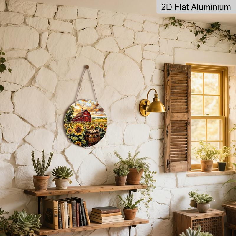 2D Flat, 1pc Classic Metal Aluminum Sign, Featuring Red Barn And Sunflowers In A Field, Round Wall Art for Front Door, Porch, Yard, Patio, Garden