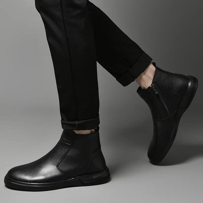 Men's Shoes 2024 Hot Sale Zipper Men's Boots Winter Round Toe Solid Plush Warm Comfortable Short Barrel Low-heeled Fashion Boots