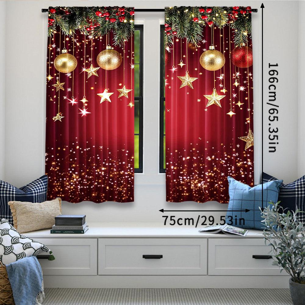 Set Of 2 Christmas Curtain Red Sparkling Stars Backdrop New Year Eve Party Xmas Holiday Decorations Curtains Made Polyester