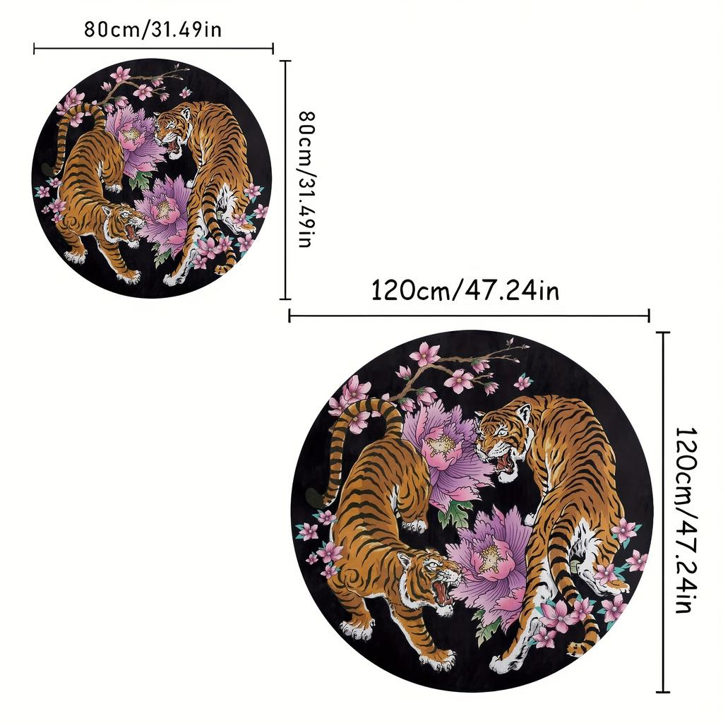 1PcscTiger Print Round Area Rug Indoor Non-Slip Washable Fiber Carpet Soft Comfortable Mat For Bedroom Living Room
