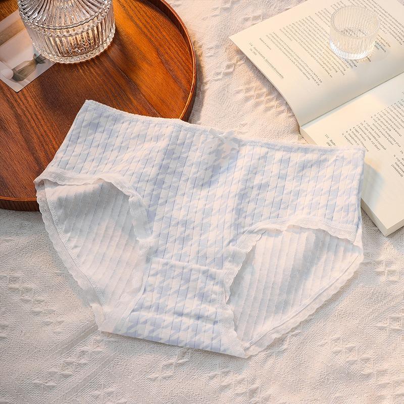 Ladies Sweet and Cute Blue Printed Cotton Student Mid Waist Panties