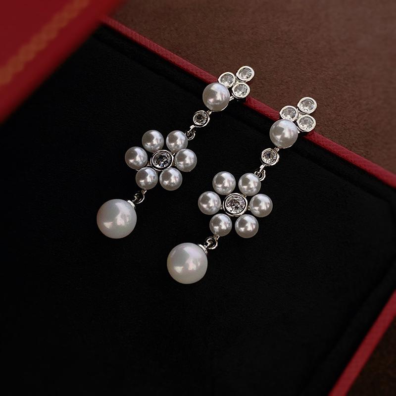 

Baroque Pearl & Zircon Flower Tassel Sterling Silver Earrings - French High-End Fashion for Women