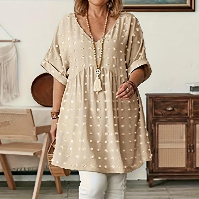 

Женская блузка большого размера с V-образным вырезом и рукавами «летучая мышь», повседневная юбка средней длины с оборками по подолу, платье с белым горошком для весны и лета 5XL хаки