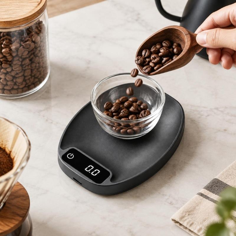 Rechargeable Coffee Weighing Scale with 200 G Capacity, Battery Power, Touch Control, and Small-Form Design for Home Coffee Measurement
