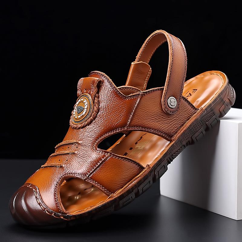 Summer new men's leather sandals dual-purpose leather handmade bag head sandals men's non-slip soft-soled beach shoes sandals tide