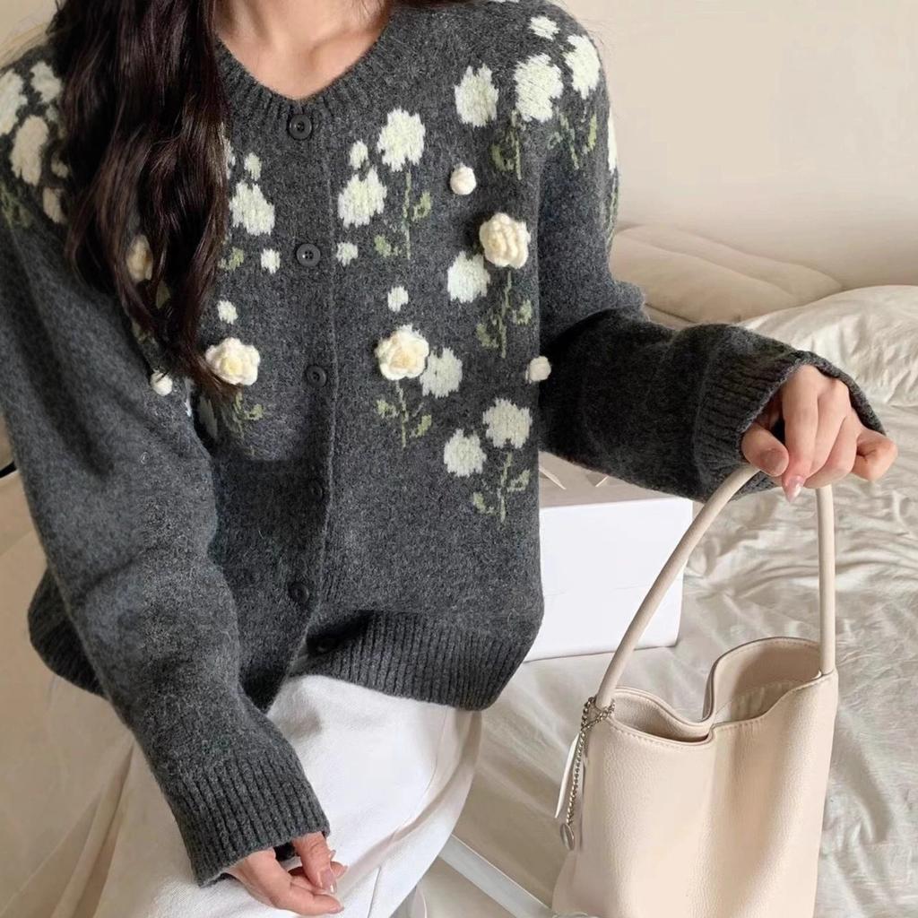 Korean style sweet three-dimensional floral knit cardigan for women, spring/autumn new versatile soft and cozy loose lazy style sweater jacket