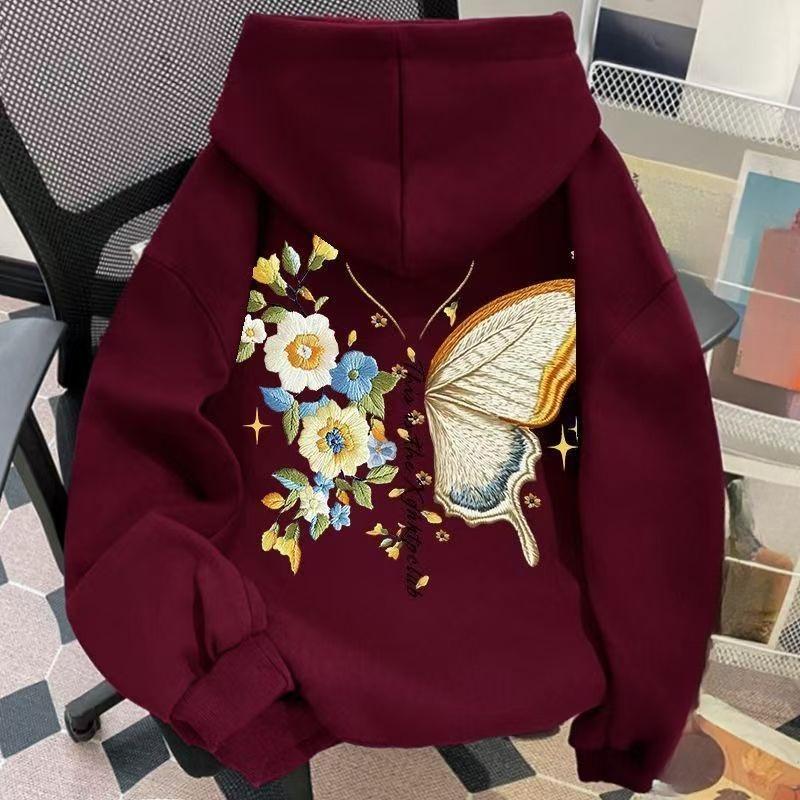 Ladies Butterfly Printed Fleece Hoodie American Retro Letter Decoration Hooded Coat Winter Loose Fashion Women's Top