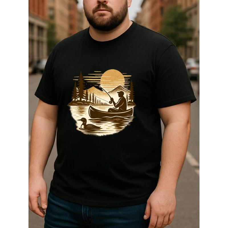 European Size Men's Quick-Dry Ocean Wave & Forest Sunset Print T-Shirt - Short Sleeve Casual Round Neck Tee with Nature Design, Breathable