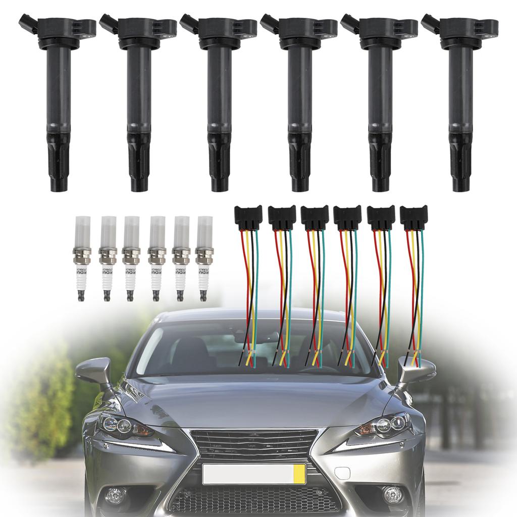 6 Ignition Coils+Connectors+Spark Plug UF487 90919-02251 For Toyota Sienna 3.5L