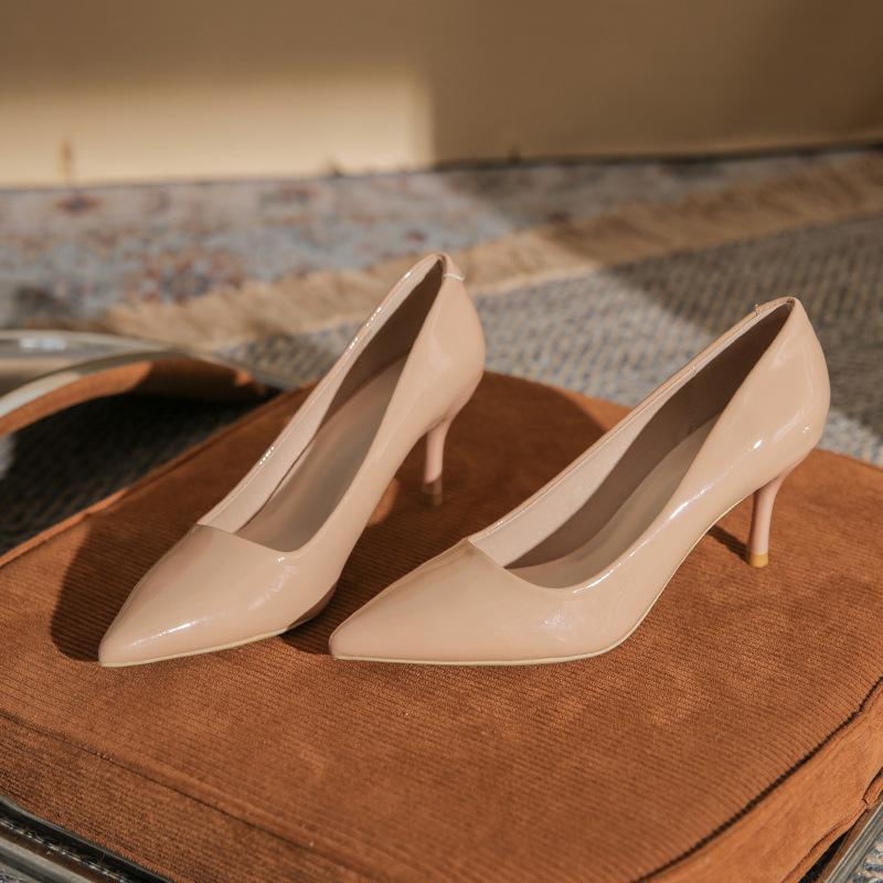 2025 New Women's Non-Chafing Nude High Heels - Sexy Patent Leather Stiletto Pointed Toe Soft Leather Bridesmaid Shoes XCY-930-1