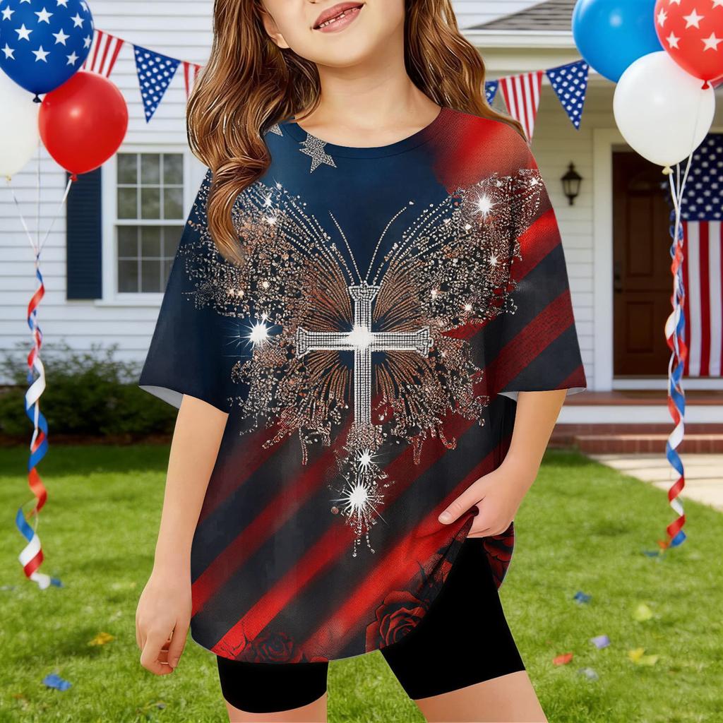 Kids Independence Day Print Round Neck Short Sleeve Casual T-shirt