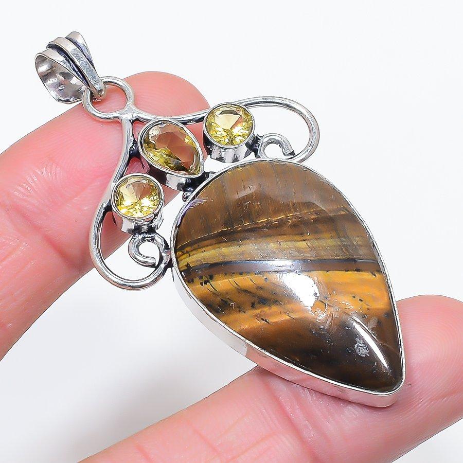 Natural Tiger Eye, Citrine 925 Sterling Silver Jewelry Pendant 2.56" L9p88