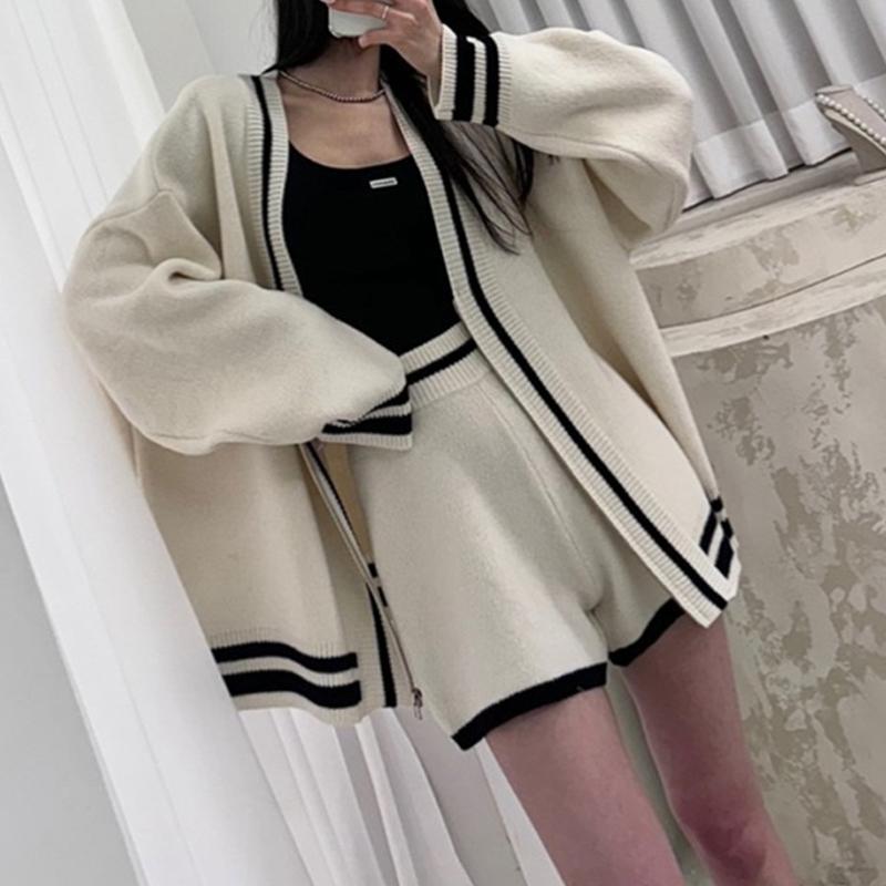 Cárdigan de Punto Holgado de Moda con Cuello en V y Cremallera, Suéter, Shorts Casuales de Cintura Alta, Conjunto de Dos Piezas, Ropa Elegante y Sencilla para Otoño Invierno