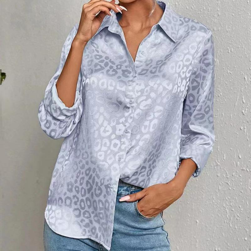 Women's Spring and Summer Lapel Open Button Leopard Print Jacquard Shirt Casual Long-sleeved Shirt
