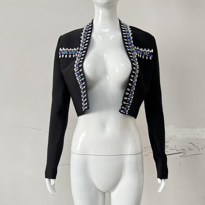 Black Rhinestone Long Sleeve Bandage Top and Short Jacket Evening Dress
