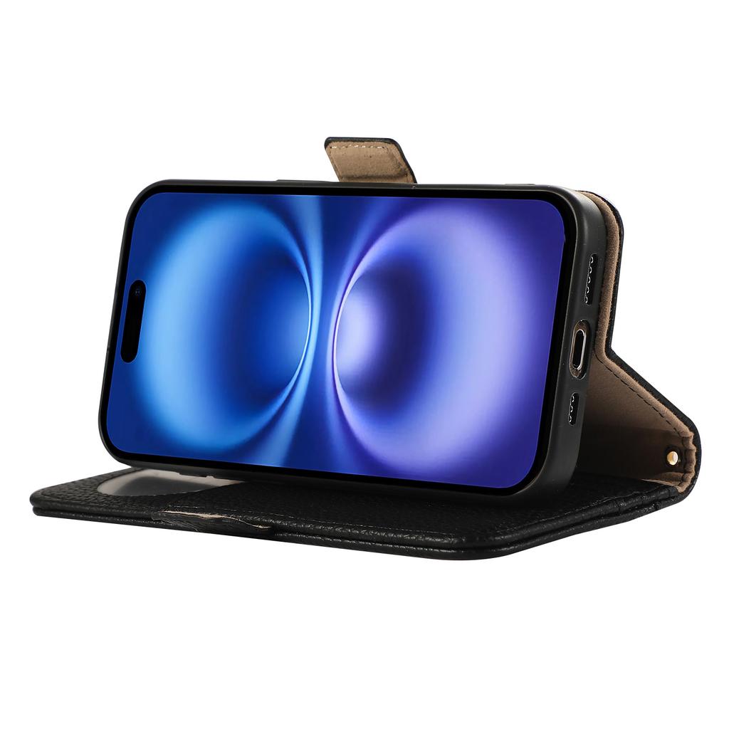 Pro iPhone 16 Pro Peněženkové pouzdro na telefon Nárazuvzdorný TPU+PU kůže Vyklápěcí kryt se zrcátkem, Poutko