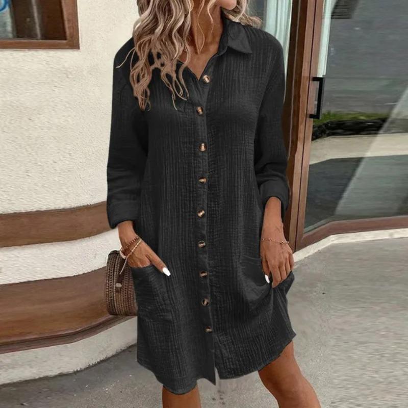 Women S Solid Cotton Linen Long Sleeve Mid Length Shirt Dress Casual