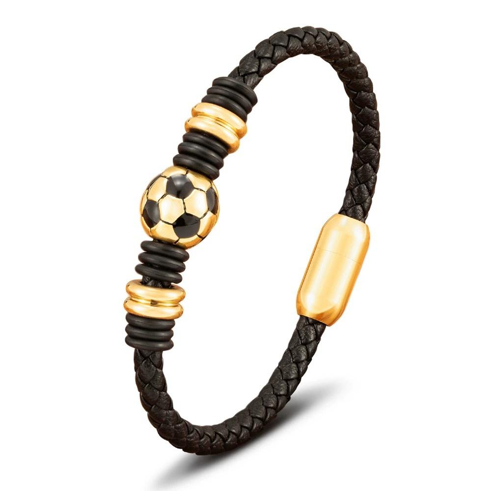 Hot Stainless Steel Geometric Bead Soccer Leather Woven Bracelet Unisex Trendy Fashion Charm Versatile Sports Jewelry Gift