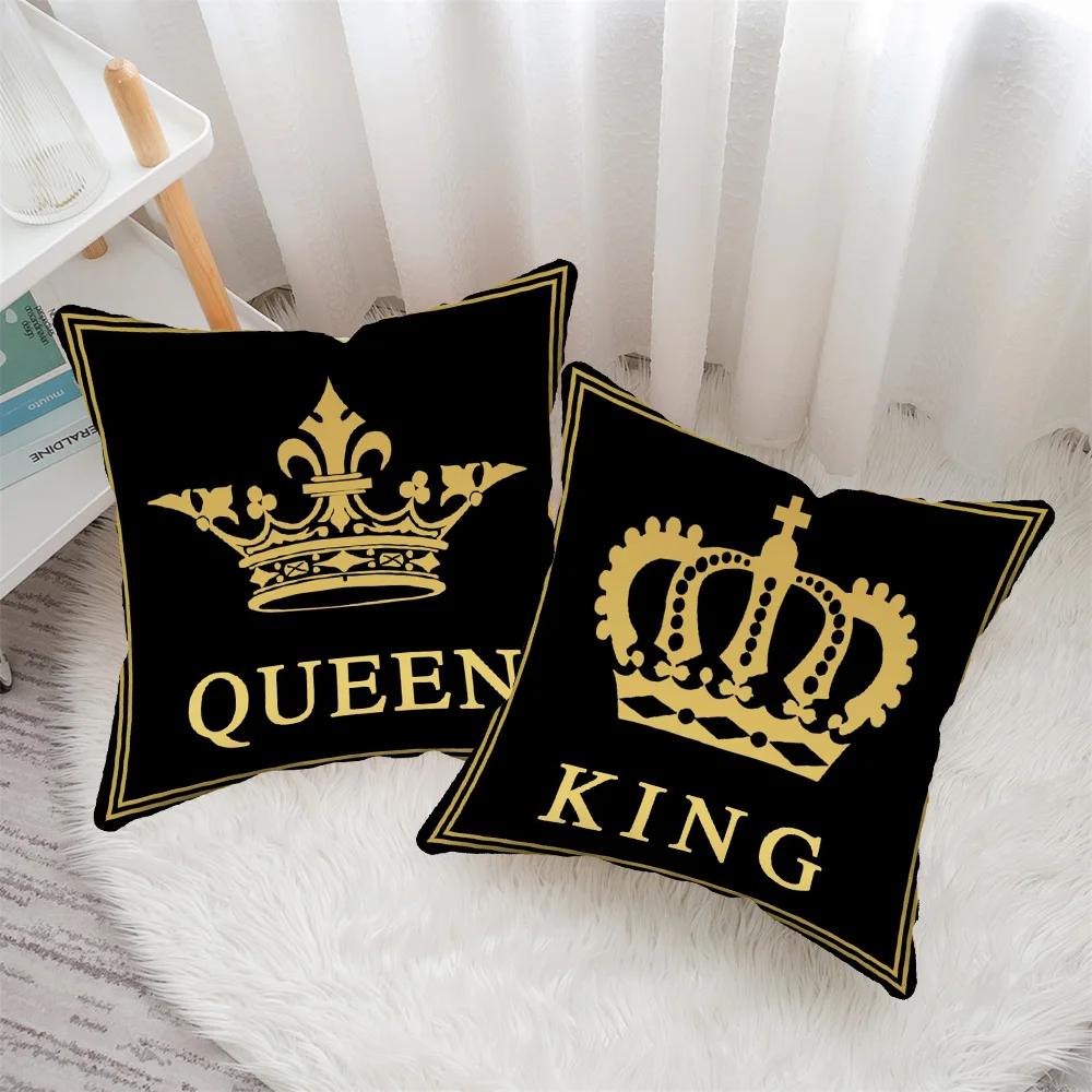 Negro Y Dorado Rey Y Reina Letra Cuadrado Decoración Hogar Oficina Funda De Almohada Cojín Almohada Suave Y No Destiñe