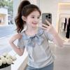Girls Summer Plaid T Shirt With Bow Sweet Ruched Waist Short Sleeve Top For Big Kids